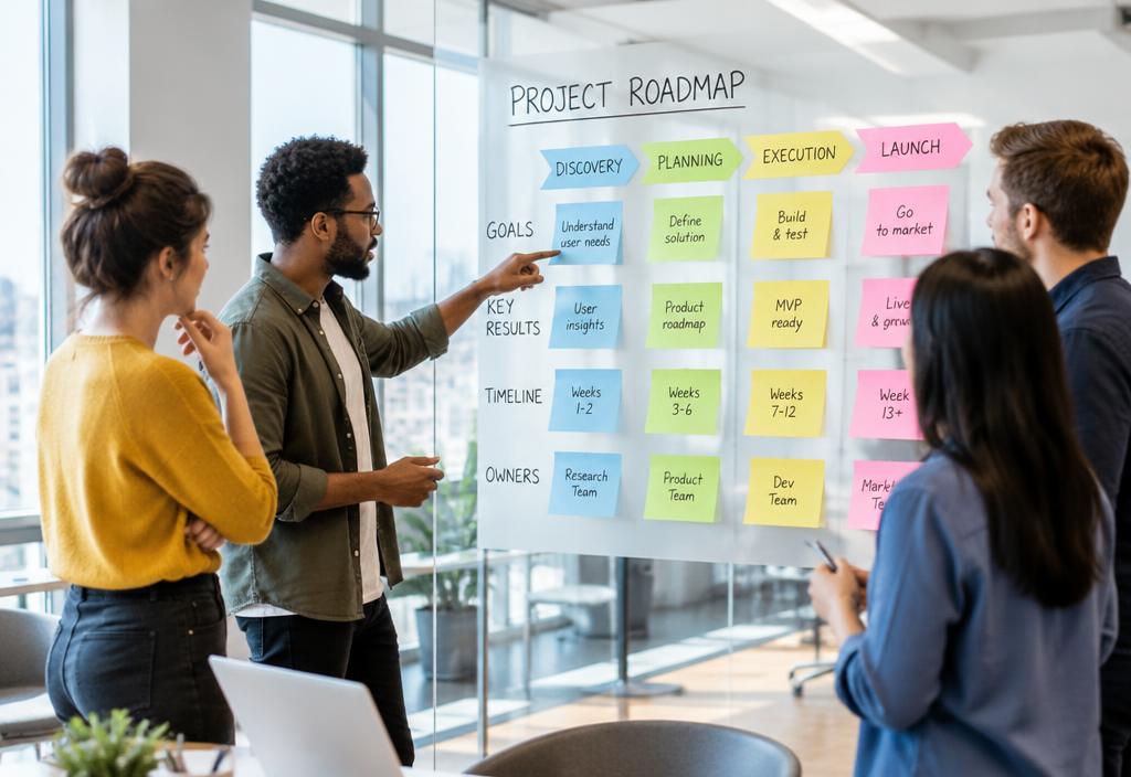 Team planning a project roadmap with sticky notes