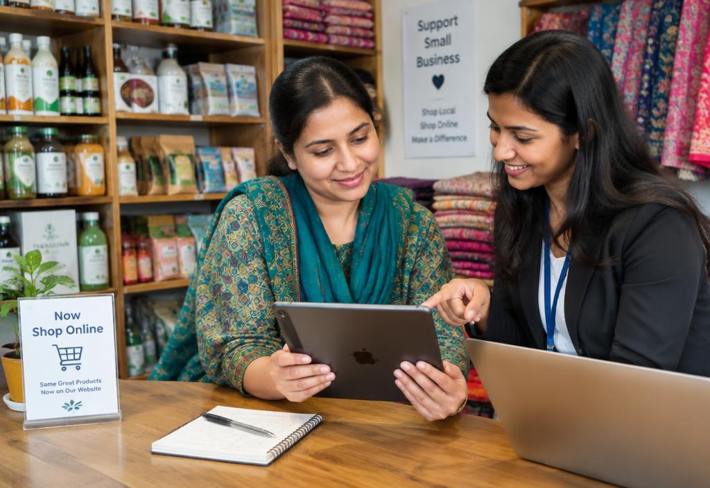 Shop owner reviewing her new online store on a tablet