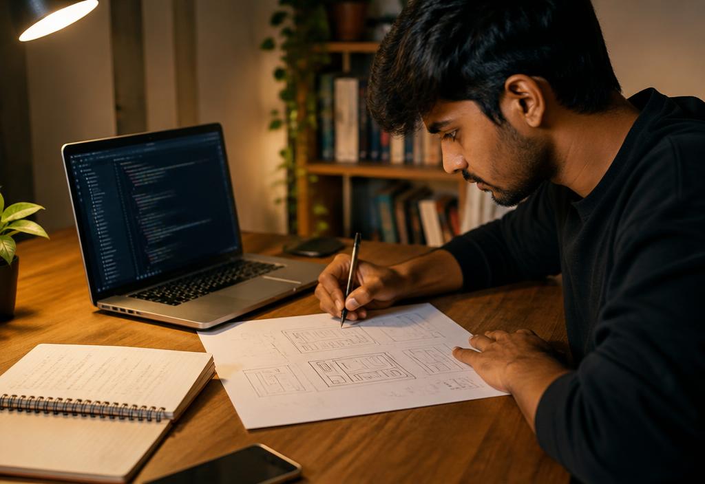 Developer sketching a website layout beside a laptop